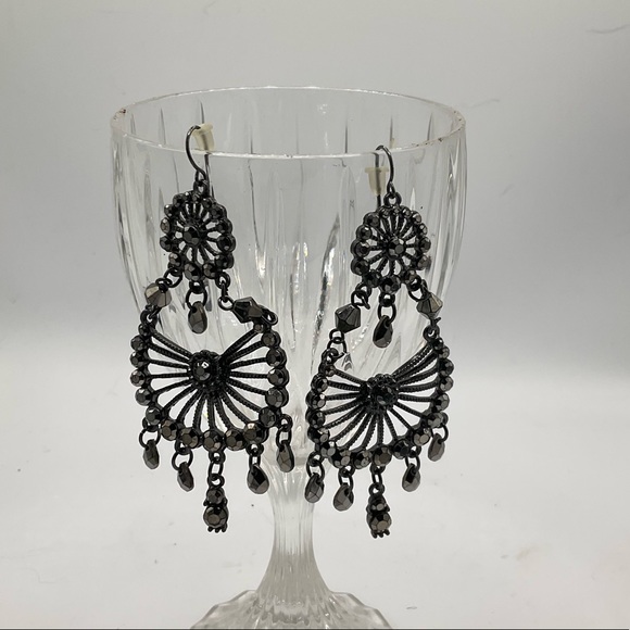 “EARRINGS” BoHo Chandelier Style Faceted Black Stone Earrings. - Picture 3 of 6